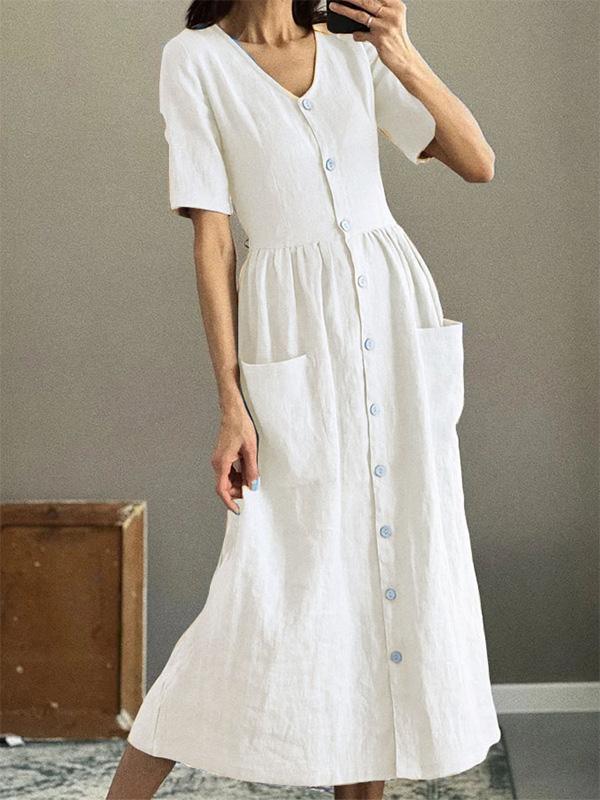 Cotton and Linen Solid Color Short Sleeve Midi Dress