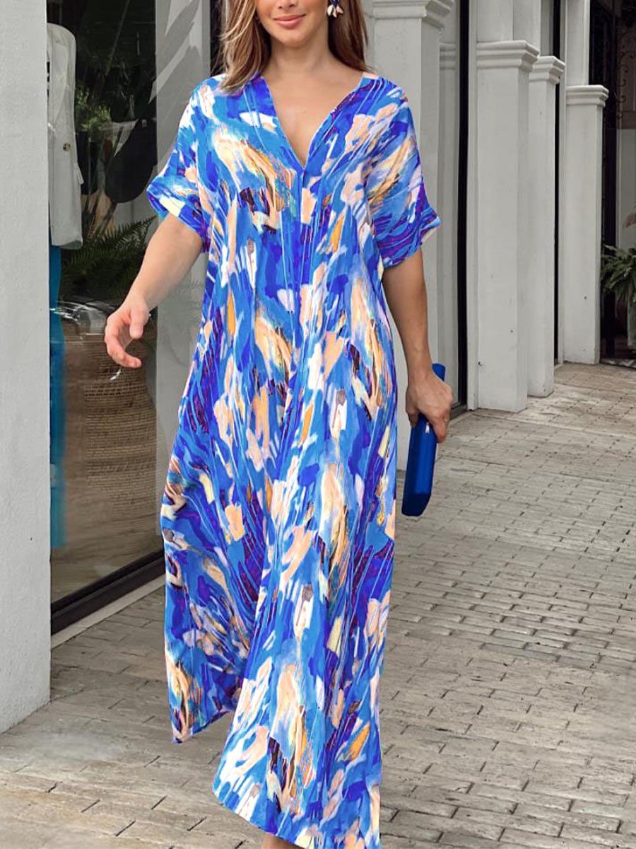 Printed Short Sleeved Long Dress