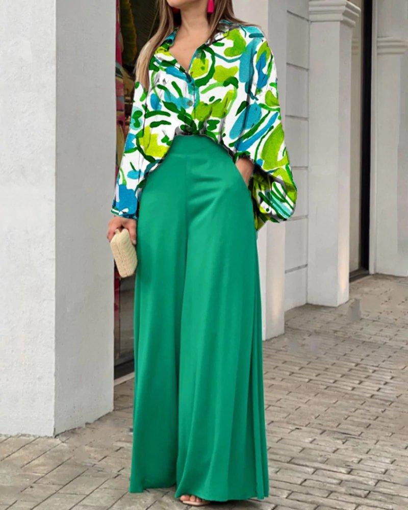 Loose Casual Printed Shirt and Wide-leg Pants Two-piece Set 51096975