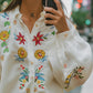 Cotton and Linen Embroidered Flower Long Sleeve Shirt