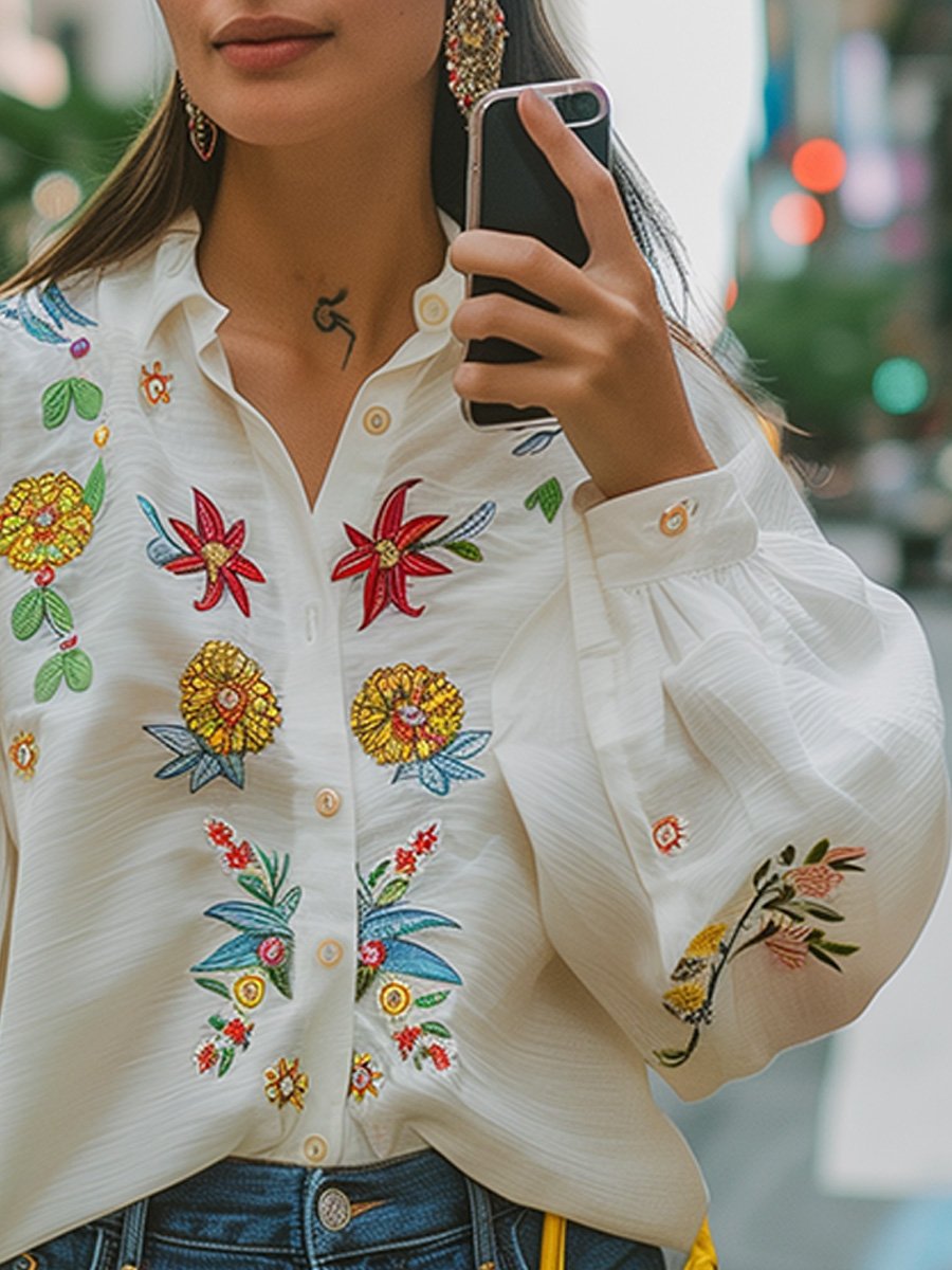 Cotton and Linen Embroidered Flower Long Sleeve Shirt