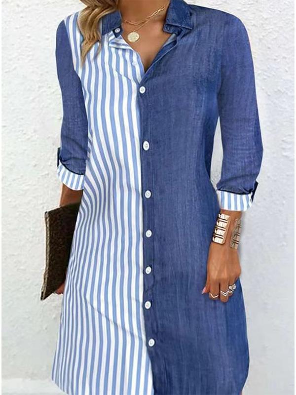 Striped Colorblock Long Sleeve Comfortable Casual Buckled Midi Shirt Dress