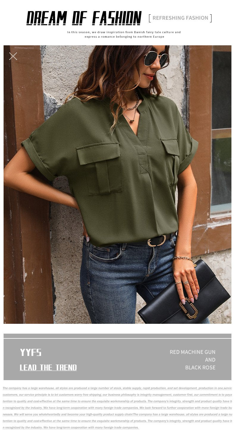 Solid Color V-neck Pocket Short-sleeved Shirt 22982116