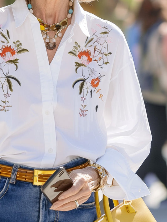 White Symmetrical Embroidered Long Sleeve Shirt