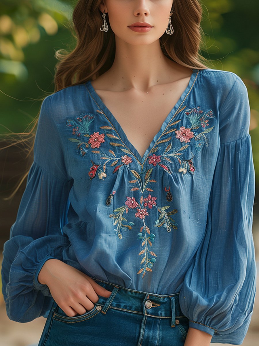 Cotton and Linen Embroidered V-Neck Long Sleeve Shirt