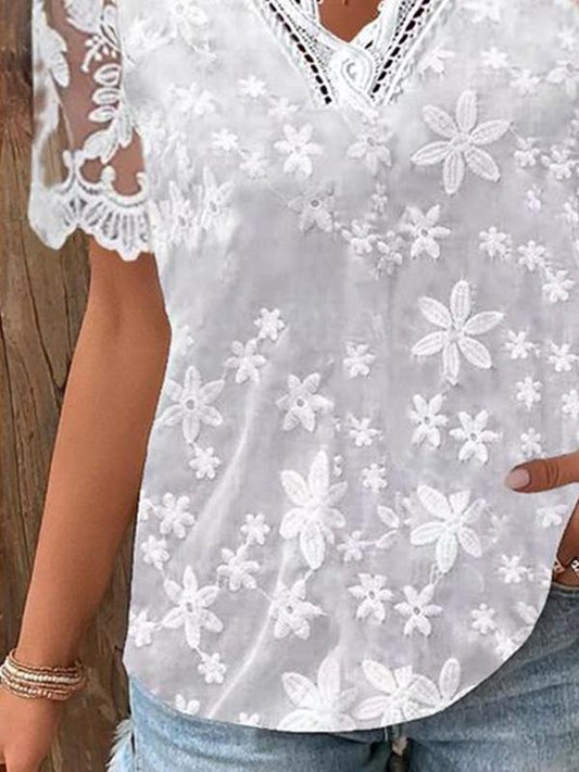 Embroidered Lace V-neck Lace Short-sleeved Pullover Shirt