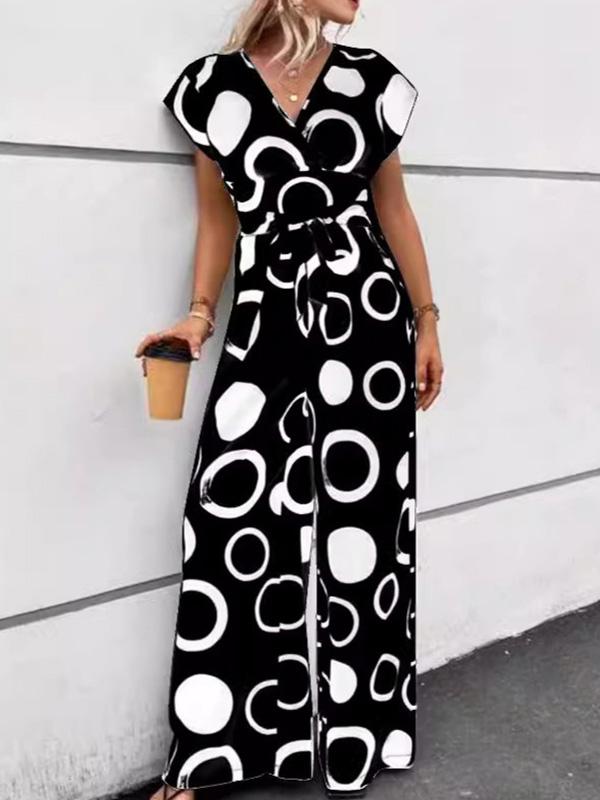 Casual V-neck High Waist Printed Wide Leg Belt Jumpsuit