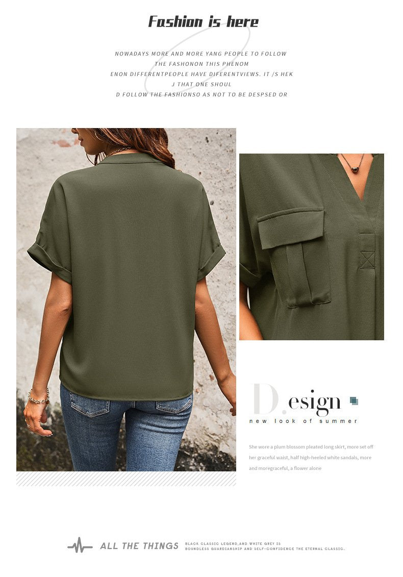 Solid Color V-neck Pocket Short-sleeved Shirt 22982116