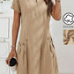 Cotton and Linen Slot Pocket Zipper Neck Short Sleeve Midi Dress