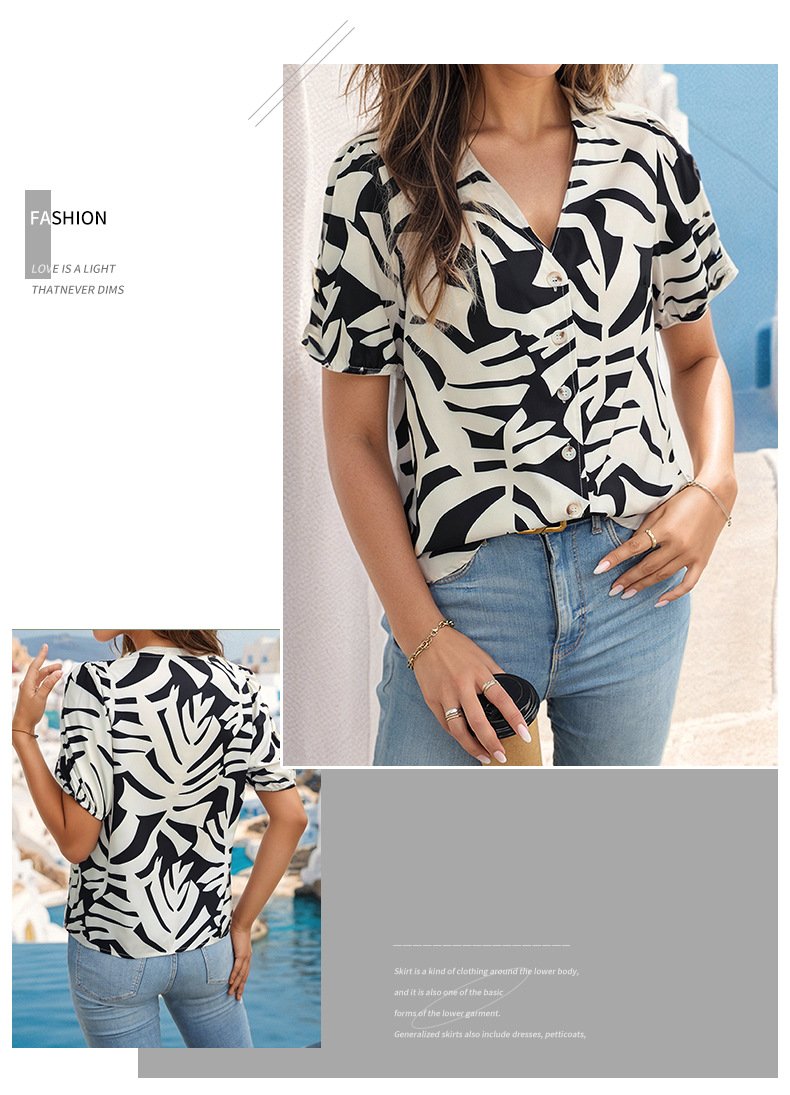 Pullover V-neck Printed Short-sleeved Shirt 85278891