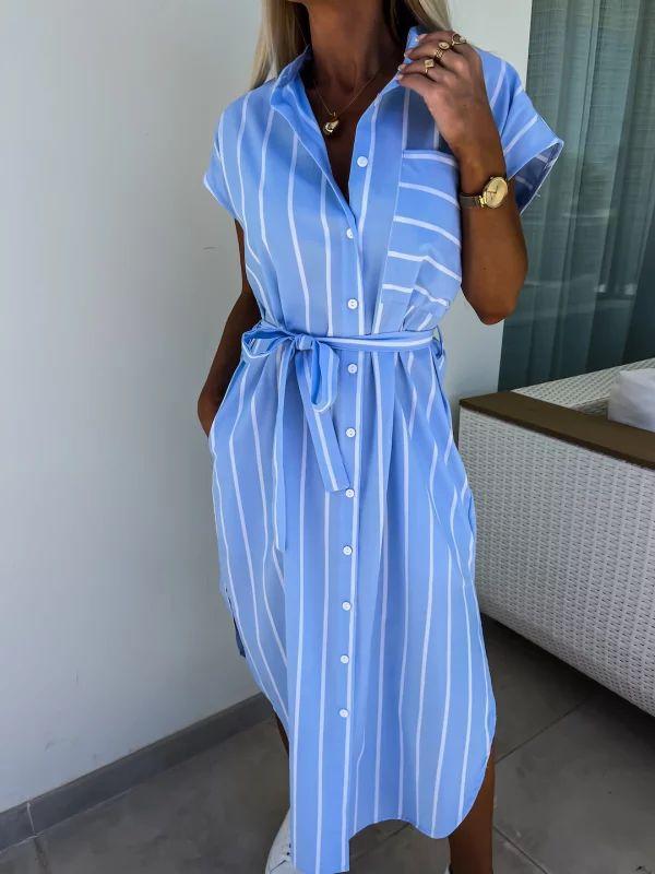 Classci Striped Waist Tie Shirt Dress