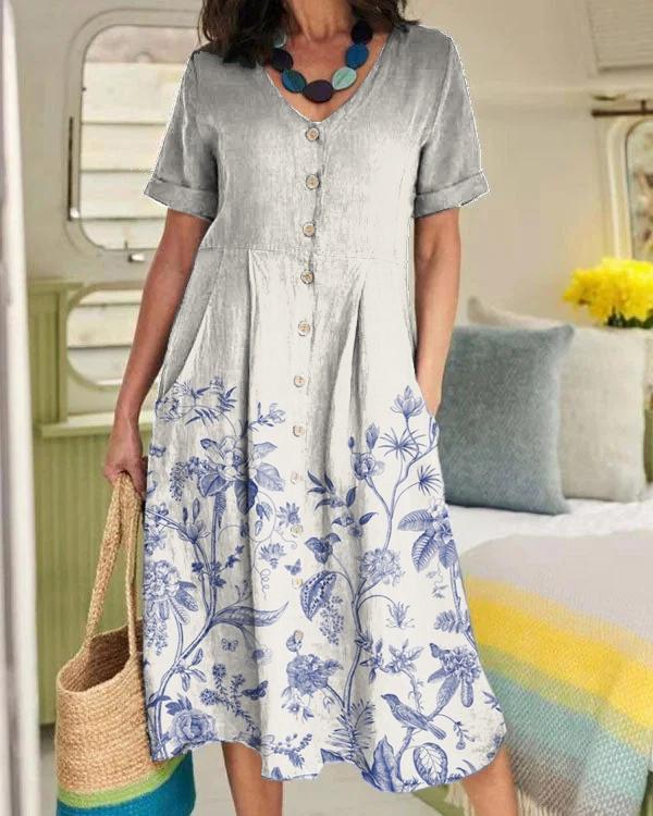 Women's Blue Floral Positioning Print Linen Pocket Tunic Dress