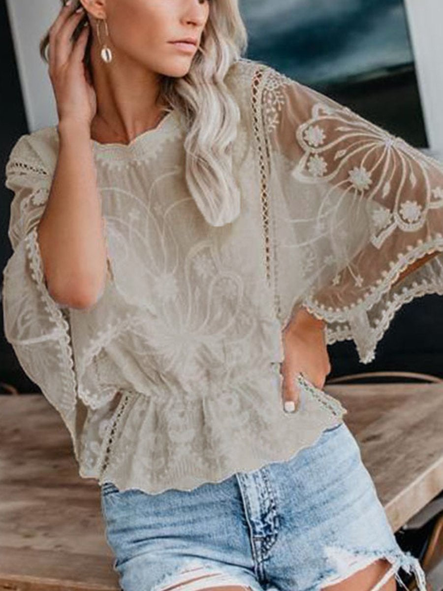 Lace Embroideried Chiffon Batwing Sleeves Blouse