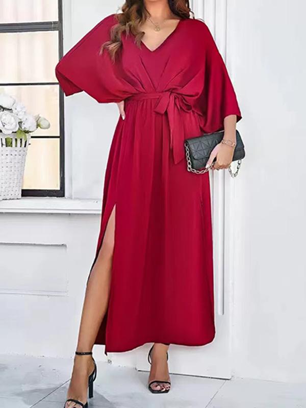 V-neck Satin Waist Maxi Dress