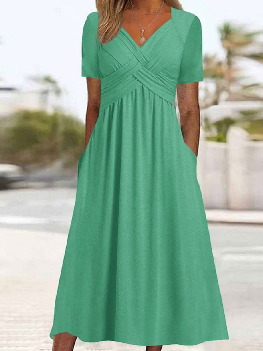 Women's Half Sleeve V-neck Solid Color Pockets Midi Dress