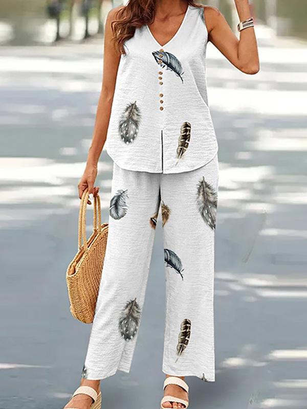 V-neck Casual Solid Color Printed Vest Wide-leg Pants Suit