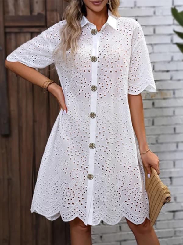 Pure Cotton Embroidered Large Button Solid Color Shirt Dress