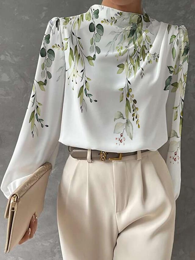 Half-high Neck Lantern Sleeve Printed Blouse