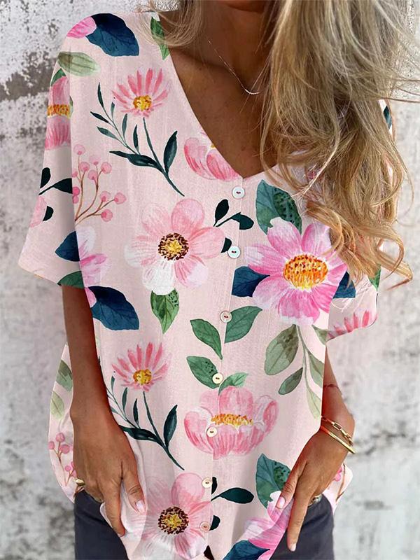 Casual V-neck Printed Short-sleeved Shirt