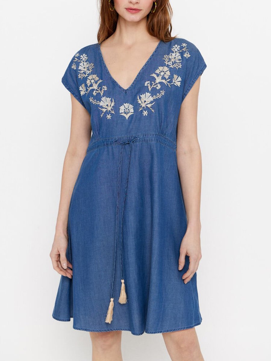 V-neck Ethnic Embroidered Denim Dress