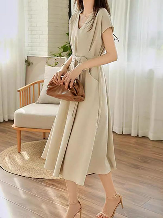 Pure Cotton V-neck Tie-up Everyday Versatile Midi Dress