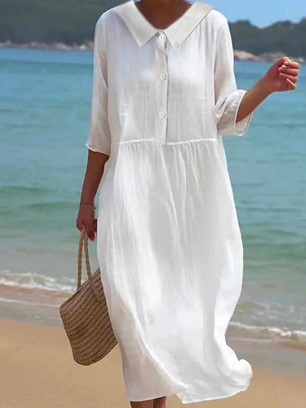 Pure Cotton Lapel Everyday Versatile Mid-length Dress