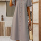 Cotton and Linen V-neck Decorative Round Button Short Sleeve Dress