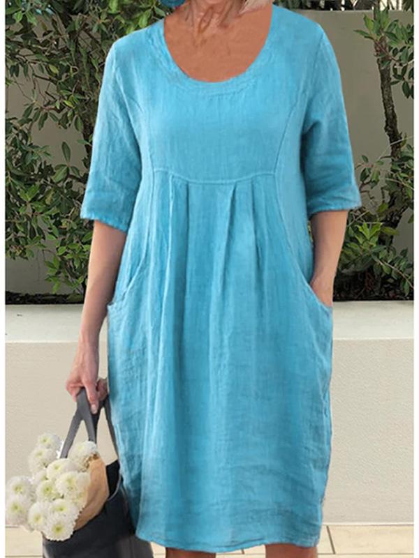 Cotton and Linen Pleated Versatile Everyday Midi Dress