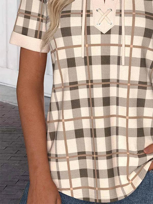 V-neck Plaid Tie Short Sleeve Top