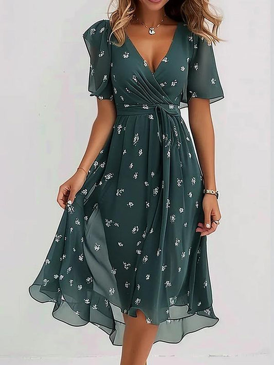 V-neck Chiffon Printed Midi Dress