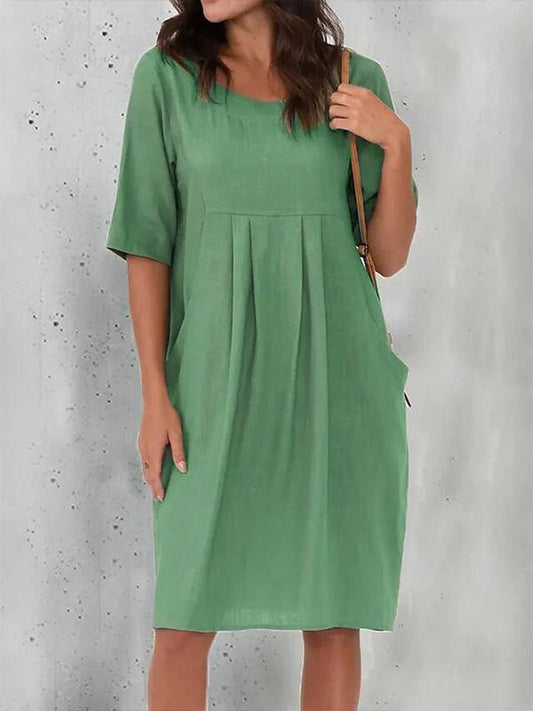 Cotton and Linen Pleated Versatile Everyday Midi Dress