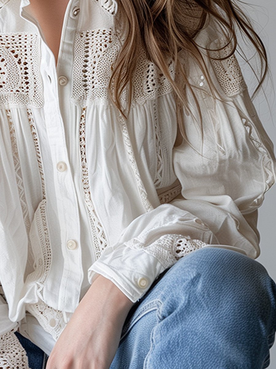 Cotton and Linen Hollow Stitching Long Sleeve Shirt