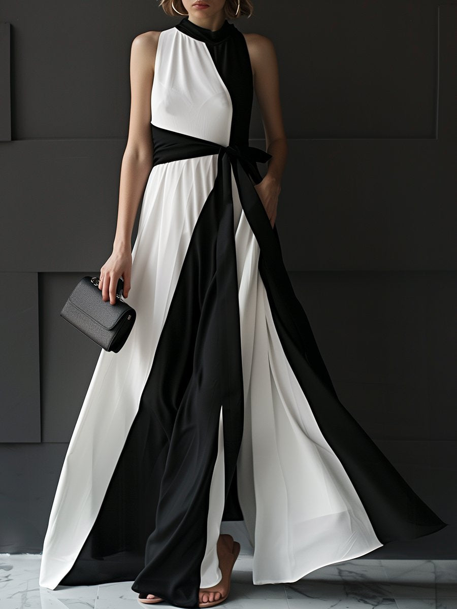 Elegant Halter Neckline Color-block Maxi Dress