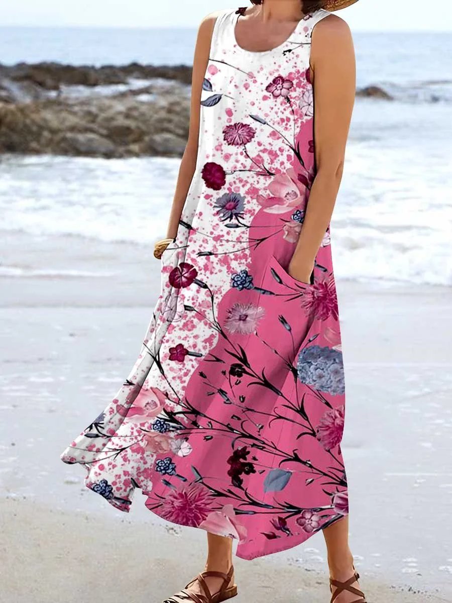 Round Neck Printed Cotton Linen Sleeveless Dress