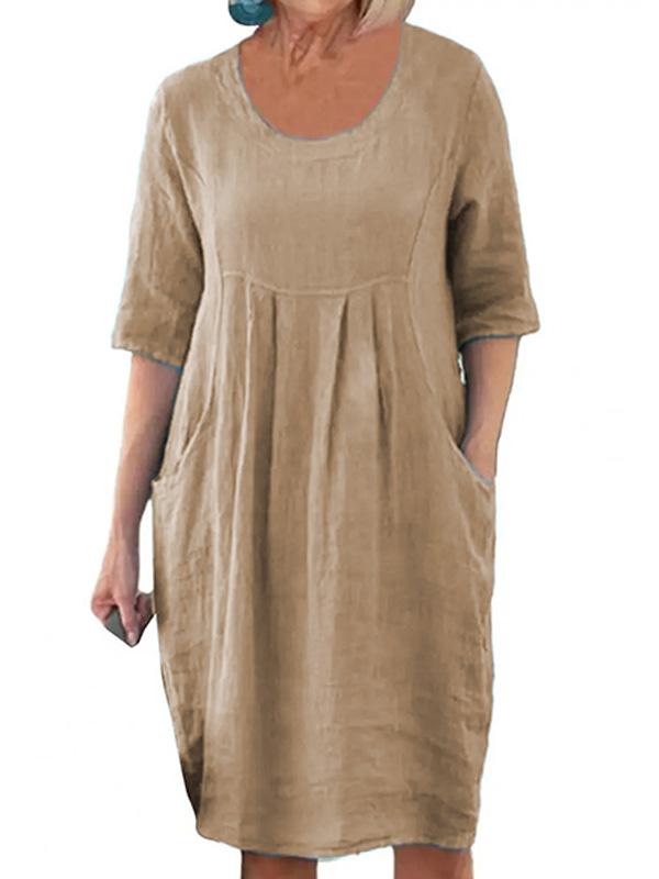 Cotton and Linen Pleated Versatile Everyday Midi Dress