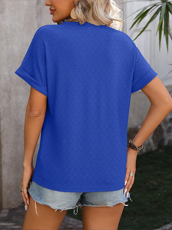 V-neck Button-down Solid Color Short-sleeved T-shirt 01225824