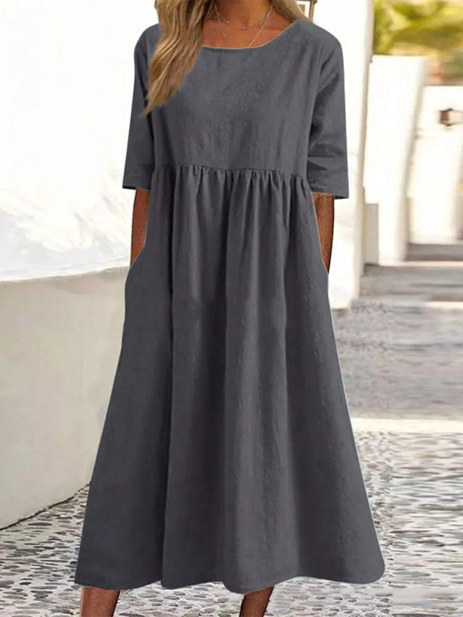 Cotton And Linen Casual Short Sleeve Pocket Pleated Loose Round Neck Dress