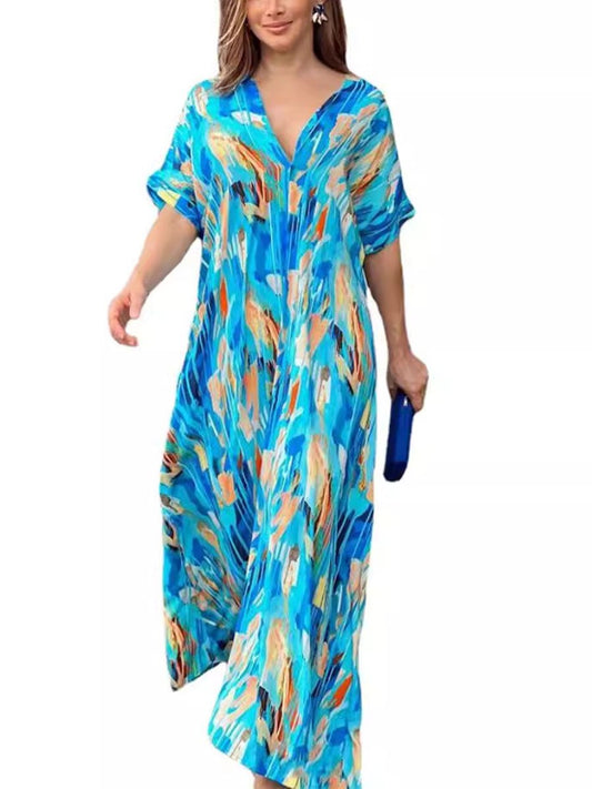 Printed Short Sleeved Long Dress