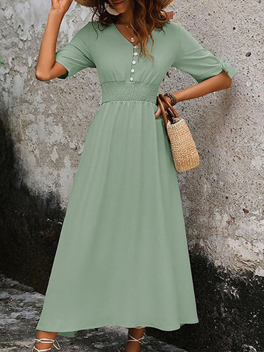 Elegant V-neck Solid Color Commuting Waist Long Dress 57985733