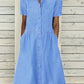 Cotton and Linen Mid-length Sleeve Waisted Solid Color Shirt Midi Dress