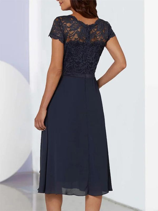 Round Neck Lace Panel Midi Dress