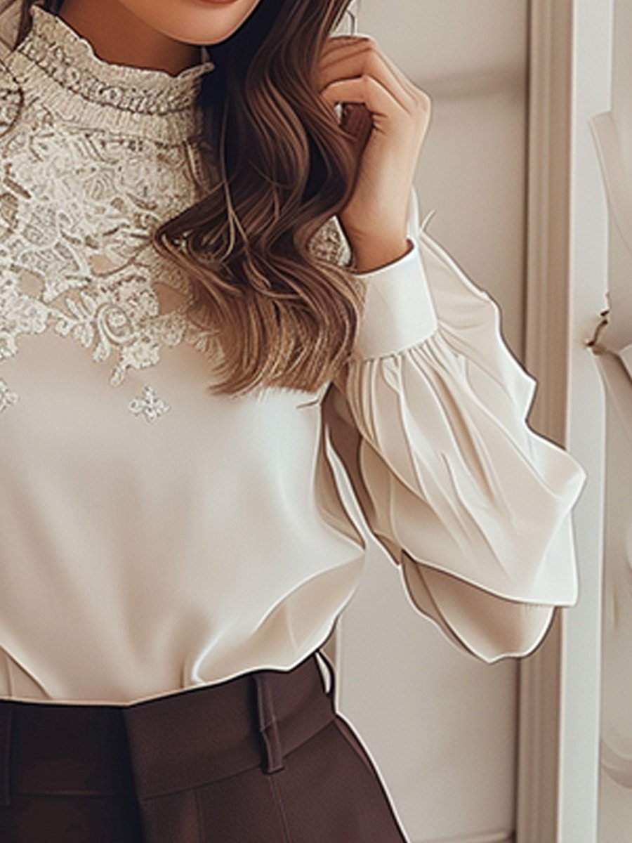 Elegant Lace Panel Long Sleeve Shirt