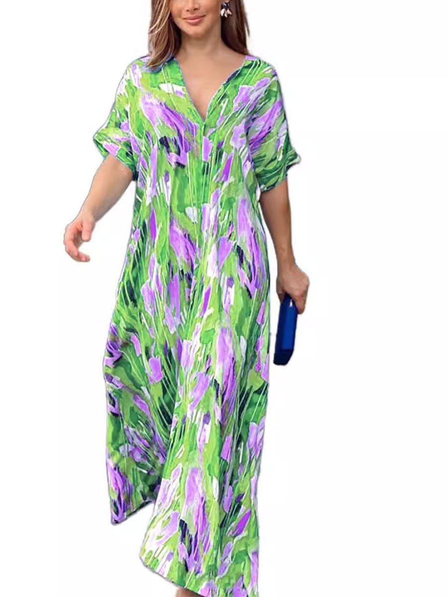 Printed Short Sleeved Long Dress