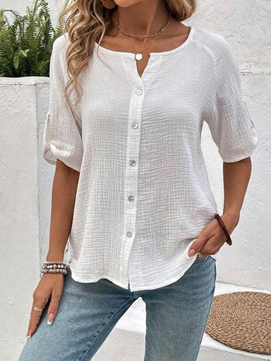 Stylish Solid Color Short Sleeve Button Up White Shirt