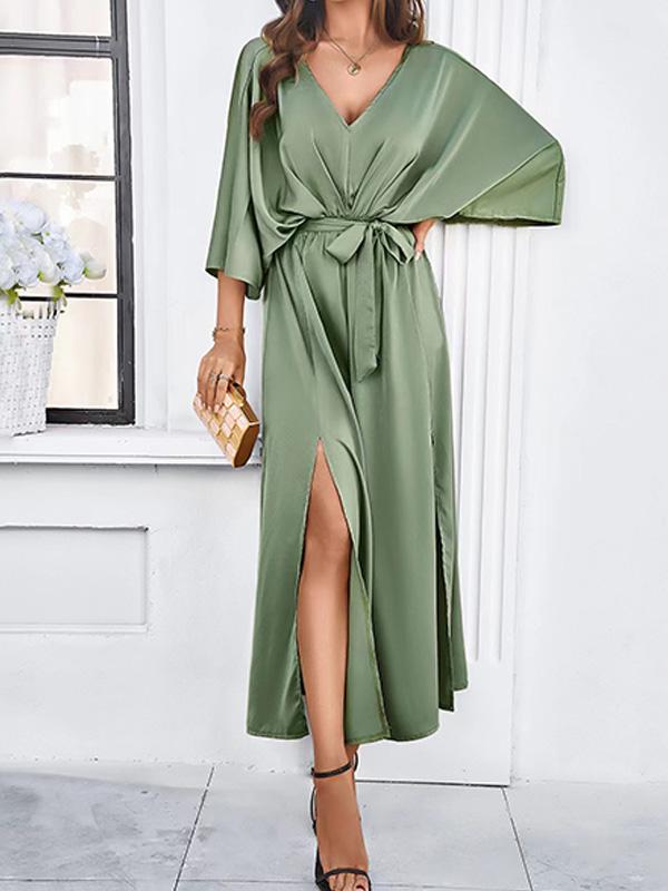 V-neck Satin Waist Maxi Dress