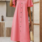 Cotton and Linen V-neck Decorative Round Button Short Sleeve Dress