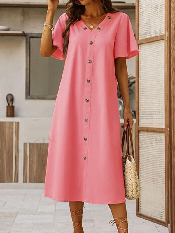 Cotton and Linen V-neck Decorative Round Button Short Sleeve Dress