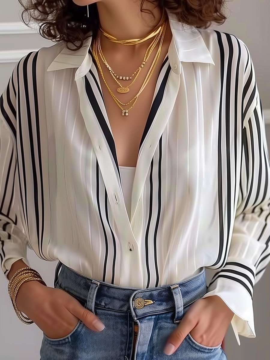 Striped Shirt Collar Urban Blouse