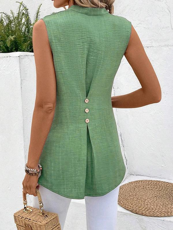 V-neck Sleeveless Solid Button Top