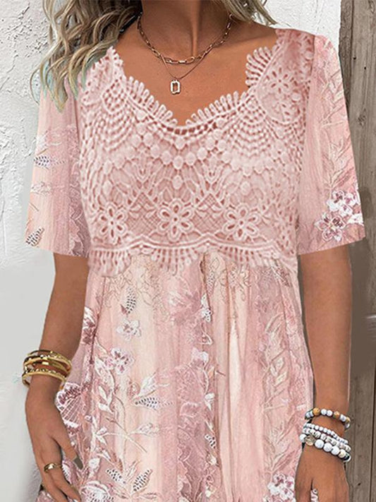 Short Sleeve Crewneck Lace Floral Print Midi Dress